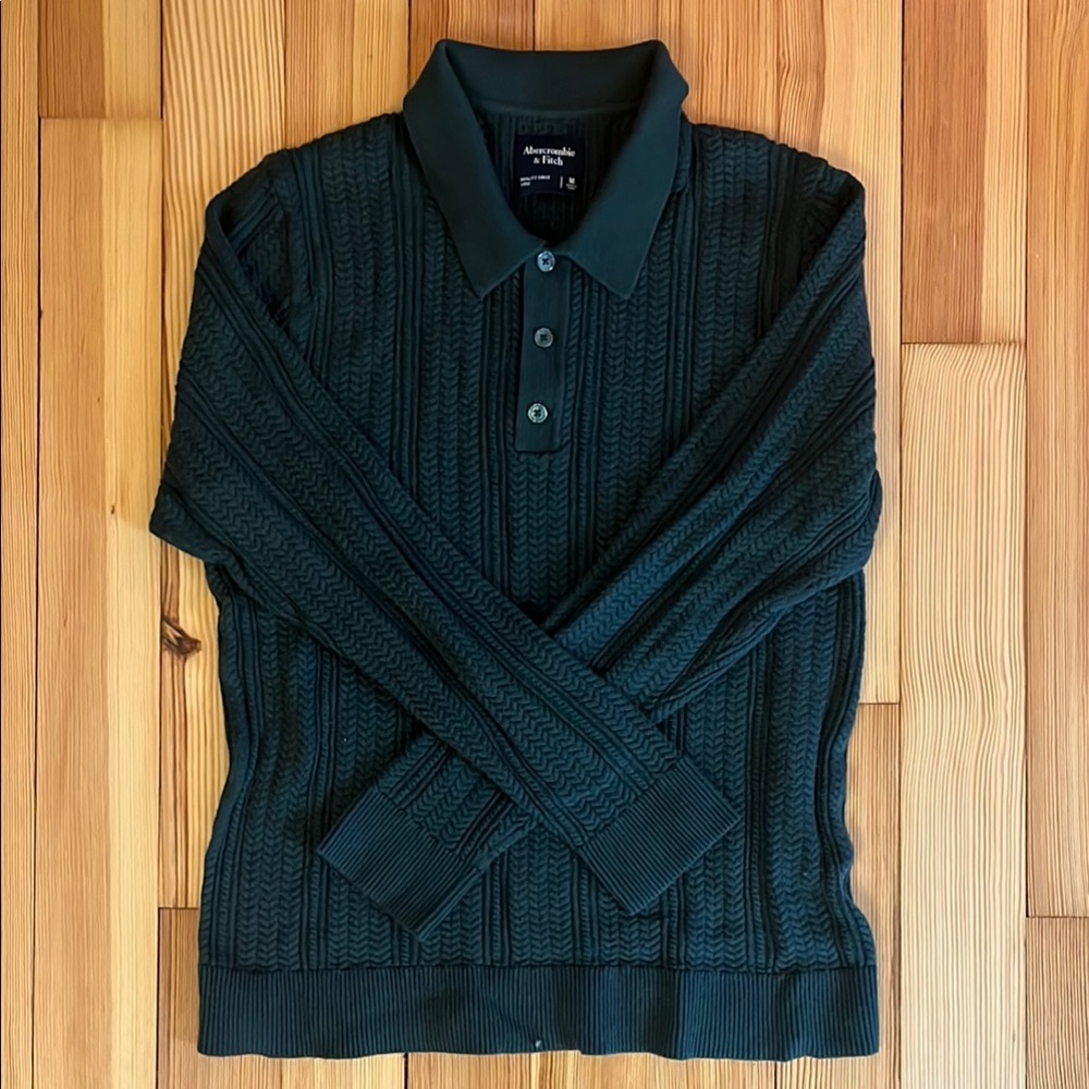 Dark Green Cable Knit Polo Sweater Shirt Abercrombie & Fitch